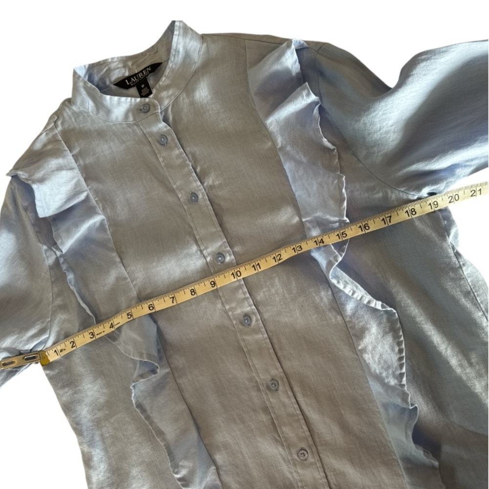 Lauren Ralph Lauren Linen Ruffle Button Down Blouse Light Blue Coastal M Preppy - Picture 10 of 13
